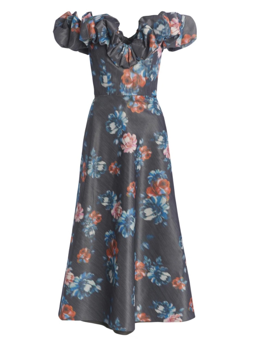 Markarian Giada Dark Floral Ikat Off the Shoulder Midi Dress